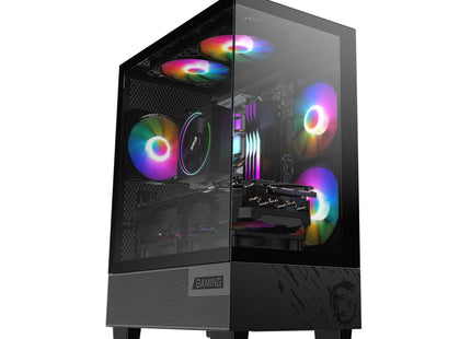 Vista frontal case MSI M110A con malla alto flujo y 3 abanicos RGB 120mm instalados