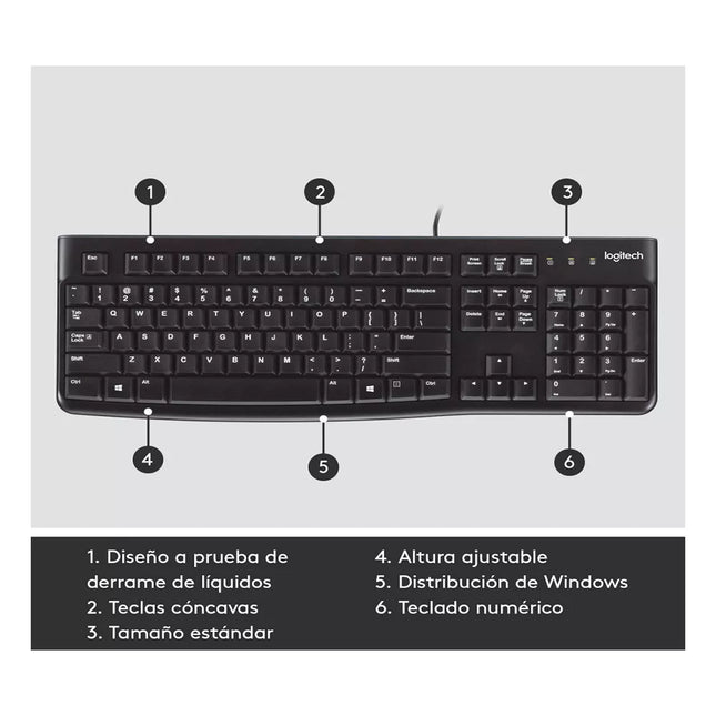 Teclado Logitech K120 Corded Alámbrico USB | Diseño Compacto | Español
