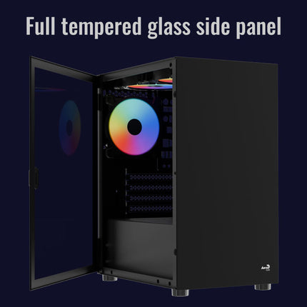 Case Gaming AeroCool CS-111-G-BK-V2 | Mini Torre ATX | Panel Lateral de Vidrio Templado | 3 Ventiladores FRGB | Negro