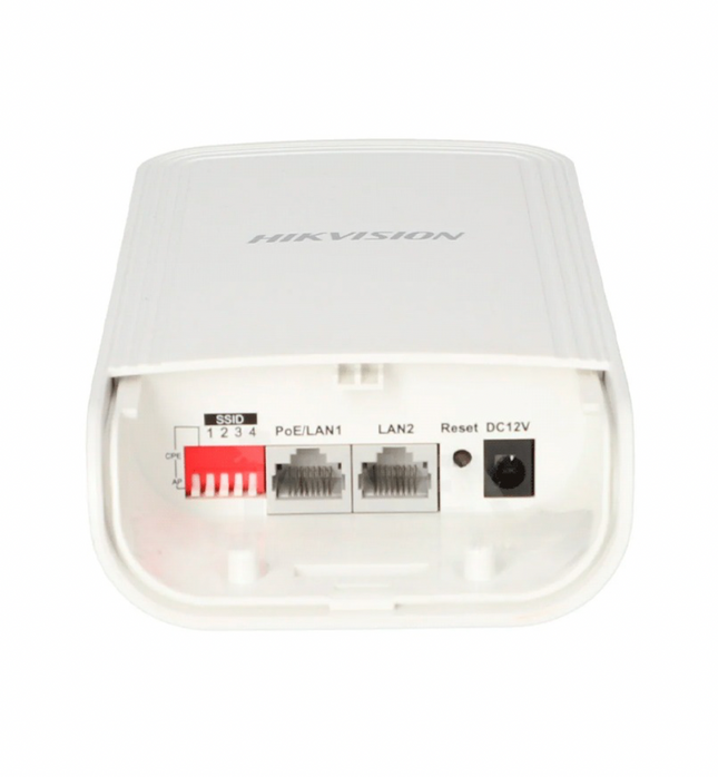 Hikvision DS-3WF02-5AC/D puente wireless vista lateral mostrando conectores