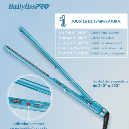 Plancha BaByliss Nano Titanium | 1” | Celeste | Placas Ultra Lisas | Temperatura hasta 450°F | Tecnología Iónica | Profesional