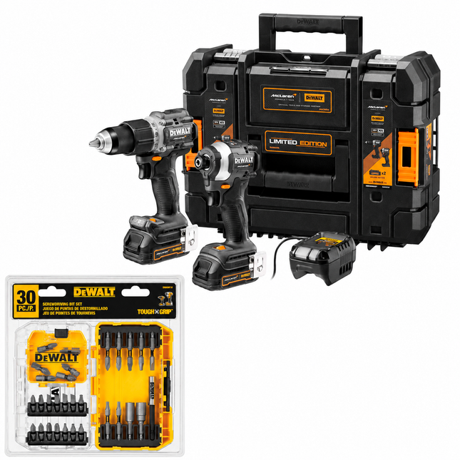 DEWALT DCK200ME2GT-B3 + DWA30SET Combo Taladro Percutor y Atornillador de Impacto 20 V MAX XR Edición McLaren con Juego de Puntas de Impacto 30 Piezas