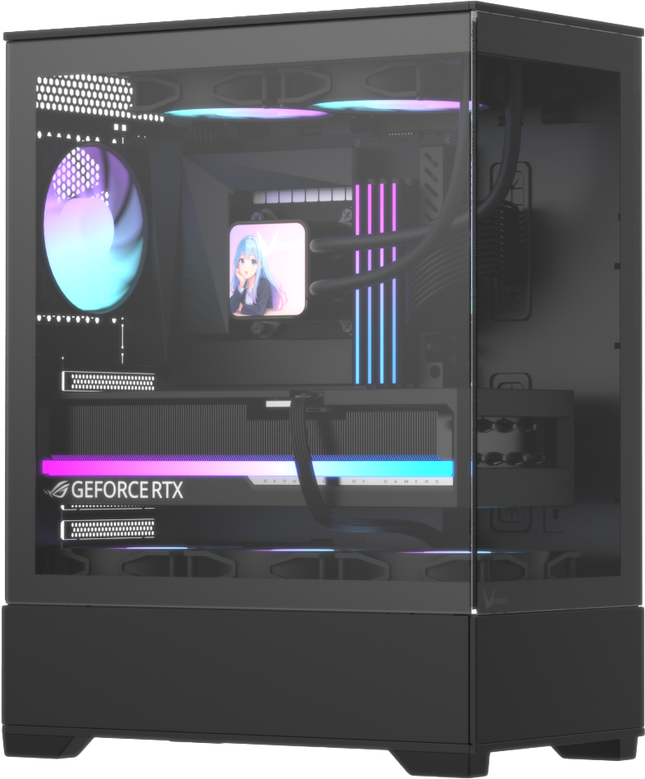 Formula V Line Crystal Z1+ AR V2 negro, vista frontal en ángulo con GPU RGB visible