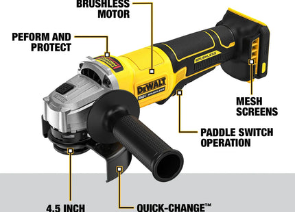 DEWALT DCG408P2-B3, características: motor sin carbones, interruptor de paleta, 4.5 pulgadas