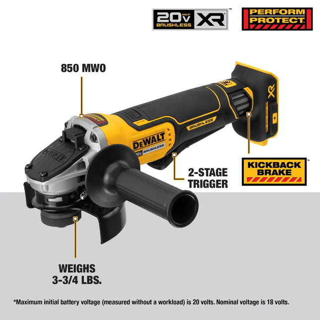 DEWALT DCG413B 20V MAX XR Esmeriladora Angular 4-1/2" / 114 mm con Freno Kickback Brake, 3 Discos, Batería y Cargador