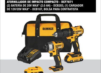 Componentes del combo DEWALT DCK276D2-B3 con especificaciones destacadas