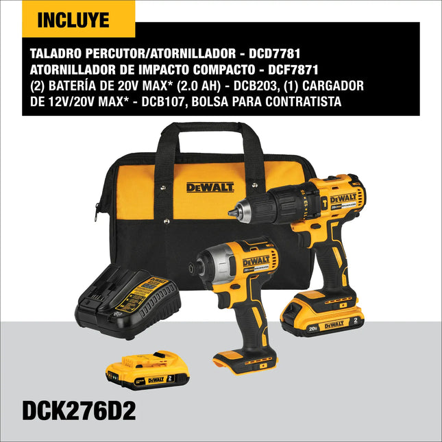 Componentes del combo DEWALT DCK276D2-B3 con especificaciones destacadas