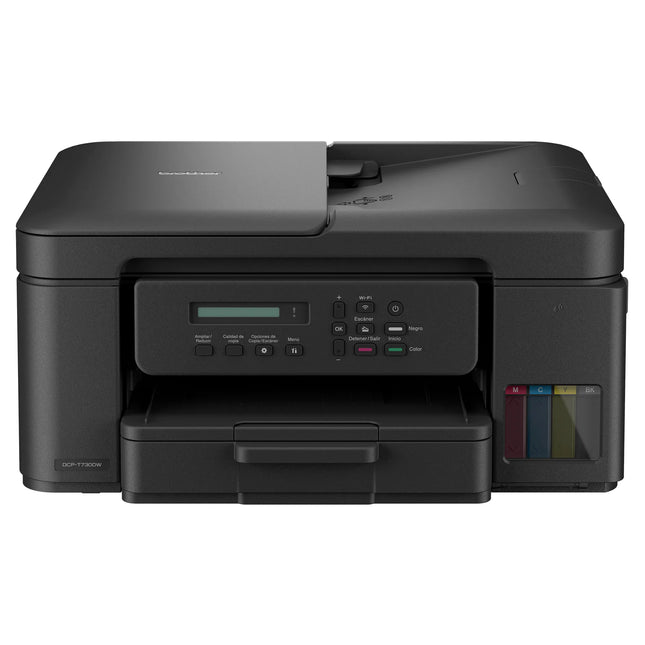 Impresora Brother DCP-T730DW vista frontal con pantalla LCD y bandeja de papel