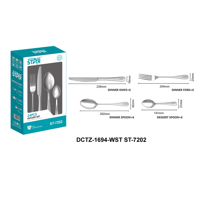 Set de Cubiertos Winning Star ST-7202, Acero Inoxidable 430, 24 Piezas