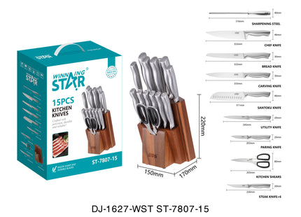 Set de Cuchillos Winning Star ST-7807, 15 Piezas con Base