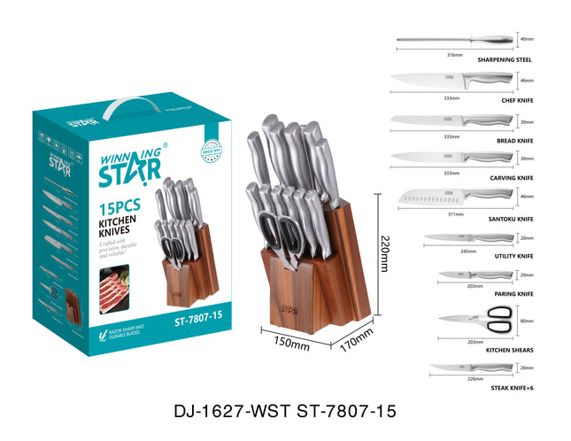 Set de Cuchillos Winning Star ST-7807, 15 Piezas con Base