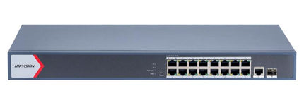 Switch Smart PoE Hikvision DS-3E1518P-EI/M vista frontal con 16 puertos Gigabit para videovigilancia