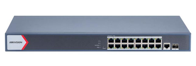 Switch Smart PoE Hikvision DS-3E1518P-EI/M vista frontal con 16 puertos Gigabit para videovigilancia