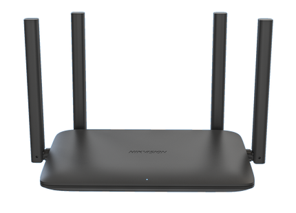 Router Wi-Fi 6 Hikvision DS-3WR15X vista frontal con 4 antenas y puertos Gigabit