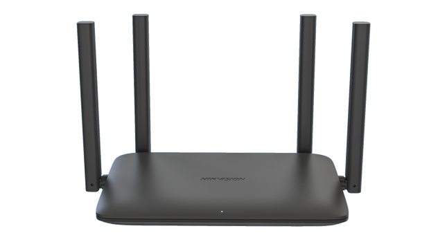 Router Wi-Fi 6 Hikvision DS-3WR15X vista frontal con 4 antenas y puertos Gigabit