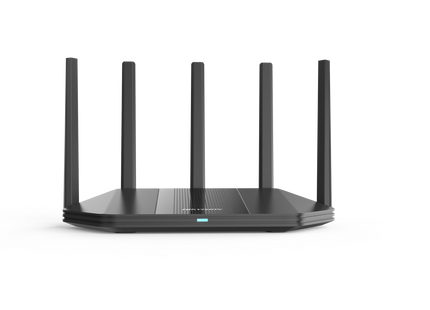 Router Wi-Fi 6 Hikvision DS-3WR30X vista frontal con 5 antenas de alta ganancia
