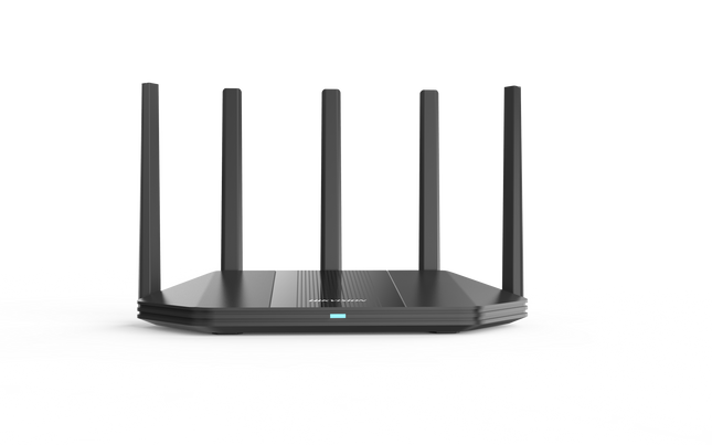 Router Wi-Fi 6 Hikvision DS-3WR30X vista frontal con 5 antenas de alta ganancia