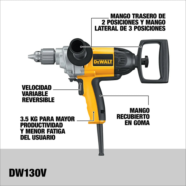 DEWALT DW130V-B3, características: mango de pala trasero de 2 posiciones, mango lateral de 3 posiciones