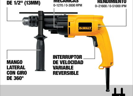 DEWALT DW505-B3, características: mandril 1/2 pulgadas, 2 velocidades mecánicas, mango 360 grados