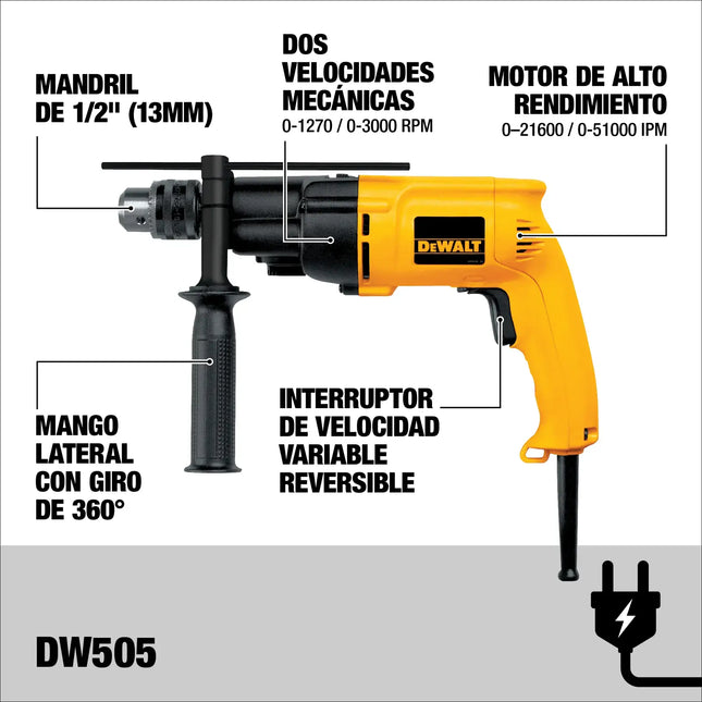 DEWALT DW505-B3, características: mandril 1/2 pulgadas, 2 velocidades mecánicas, mango 360 grados