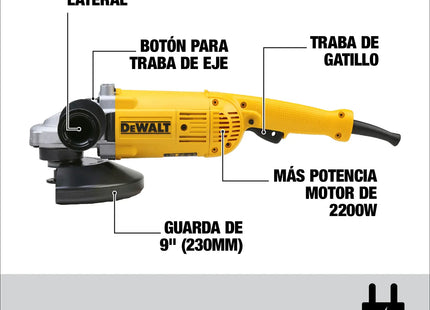 DEWALT DWE490-B3 mango lateral, botón de traba de eje y motor de 2200W