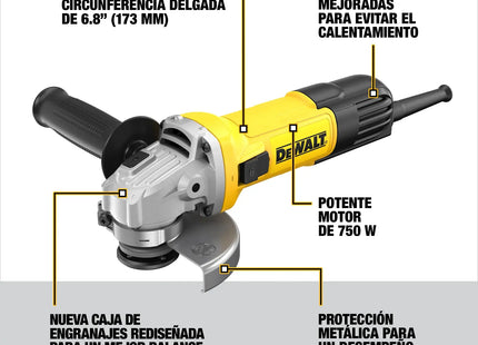 Especificaciones de la esmeriladora DEWALT DWE750-B3: 173mm, 750W, caja de engranajes rediseñada