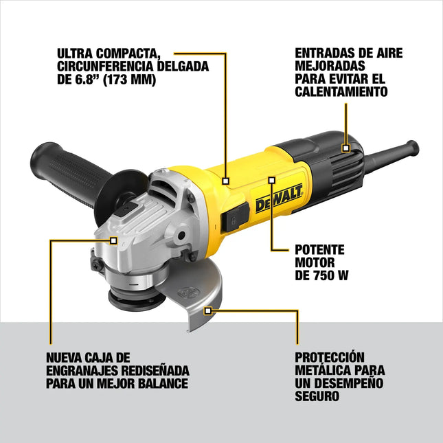 Especificaciones de la esmeriladora DEWALT DWE750-B3: 173mm, 750W, caja de engranajes rediseñada