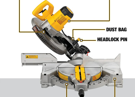 DEWALT DWS715, diagrama de características: eje 5/8 o 1 pulgada, 4000 RPM, 14 posiciones