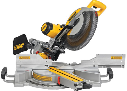 DEWALT DWS780 sierra ingleteadora, vista con bolsa de polvo y base metálica