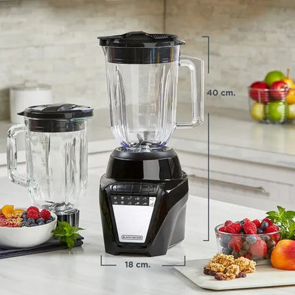 Black + Decker Licuadora Negra 700W, 8 Veloc Jarra de Vidrio 1.25L, Jarra de Plástico 1.65L BL0876-3BDLA
