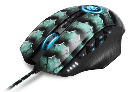 Vista lateral izquierda del mouse gaming Drakonia II con acabado texturizado antideslizante