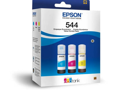 Pack 3 botellas tinta Epson T544 colores cian magenta amarillo vista frontal