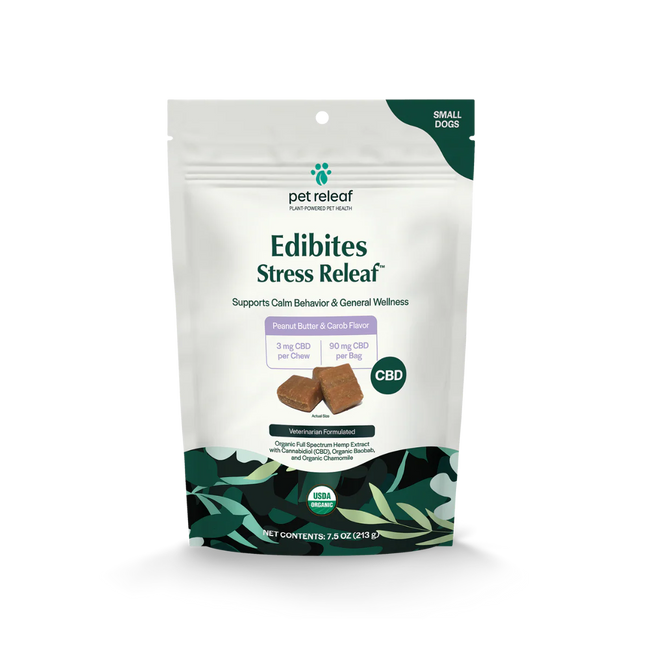 Suplemento Calmante para Perros Pet Releaf Stress Releaf Edibites | 213g | 3 mg CBD por Tableta | Sabor Maní y Algarrobo | Razas pequeñas