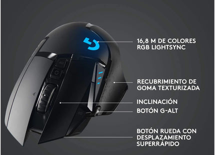 Logitech G502 Lightspeed vista diagonal mostrando diseño completo