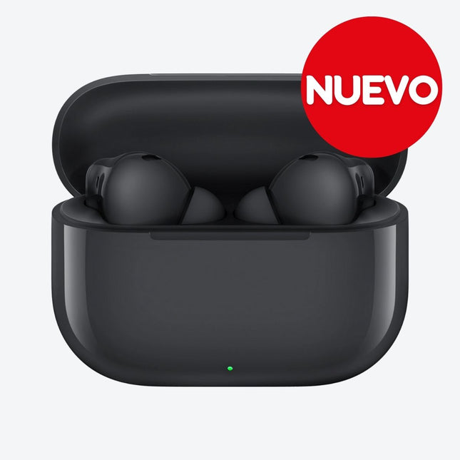 Audífonos Huawei SE 4 negros vista frontal con estuche de carga