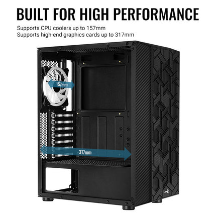Case Gaming AeroCool Hive | Media Torre | ATX | Panel Lateral de Vidrio Templado | 1 Ventilador RGB | Negro