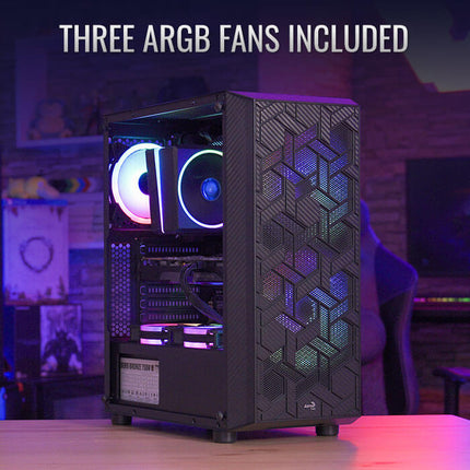 Case Gaming AeroCool Hive | Media Torre | ATX | Panel Lateral de Vidrio Templado | 1 Ventilador RGB | Negro