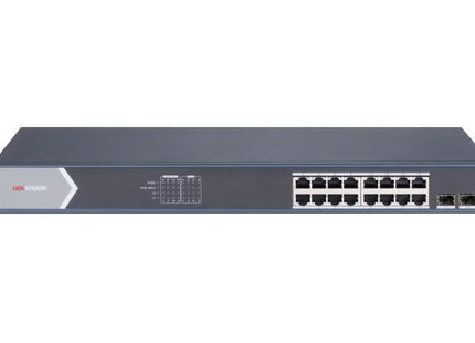 Switch Hikvision DS-3E1518P-SI vista frontal con 16 puertos PoE y 2 puertos SFP