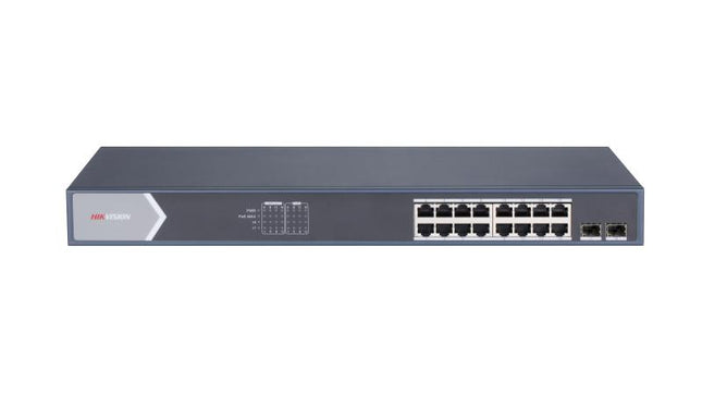 Switch Hikvision DS-3E1518P-SI vista frontal con 16 puertos PoE y 2 puertos SFP