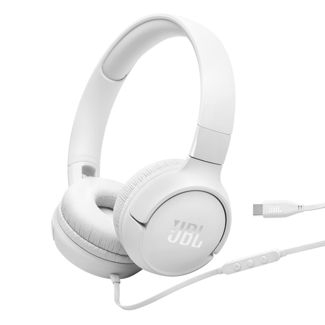Headset JBL Tune 520C detalle cable USB-C y controles laterales
