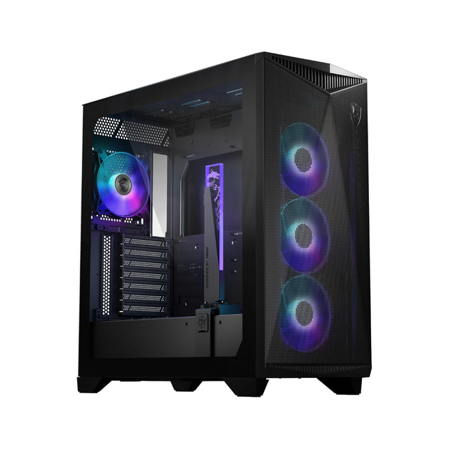 Case gaming MSI MPG GUNGNIR 300R AIRFLOW vista frontal con panel perforado y ventiladores ARGB