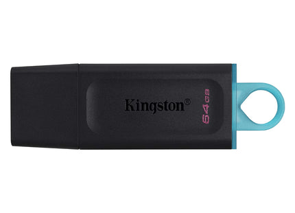 Kingston memoria USB DTX 64GB negra con detalles turquesa vista frontal