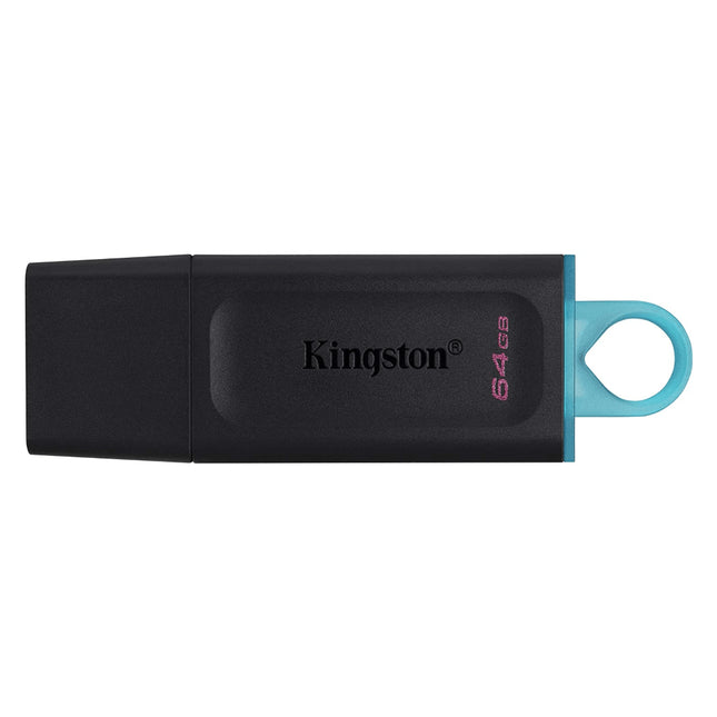 Kingston memoria USB DTX 64GB negra con detalles turquesa vista frontal