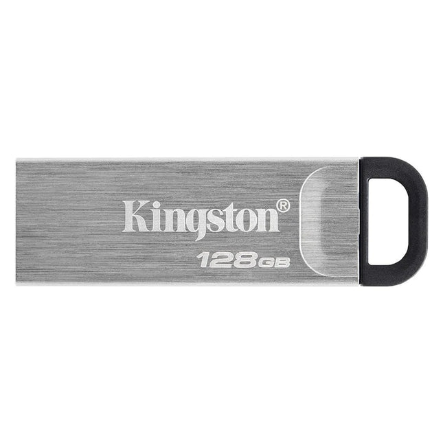 Memoria USB Kingston DTKN 128GB metálica vista frontal con logo