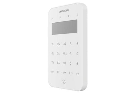 Teclado LCD Hikvision DS-PK1-LT-WB vista frontal con pantalla y botones de control