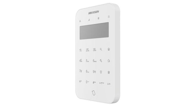 Teclado LCD Hikvision DS-PK1-LT-WB vista frontal con pantalla y botones de control