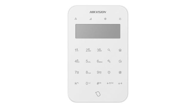Teclado inalámbrico AX PRO Hikvision montado en pared mostrando instalación