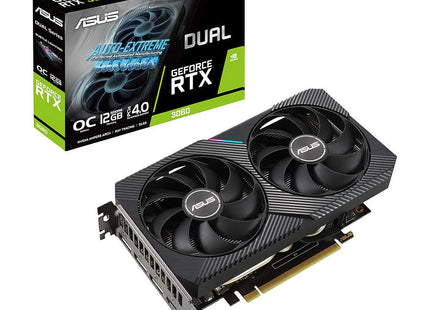 Tarjeta video ASUS RTX 3060 vista angular mostrando sistema refrigeración