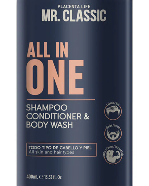 Shampoo All In One Mr. Classic Placent Life | 400ml | Limpieza total para cabello, barba y cuerpo | Ideal para hombres prácticos