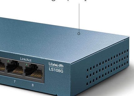 Switch TP-Link LS108G vista diagonal mostrando LEDs indicadores